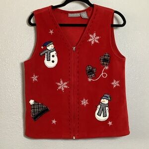 Vintage Retro Red Snowman Snowflake Winter Embroidered Holiday Full Zip Vest S